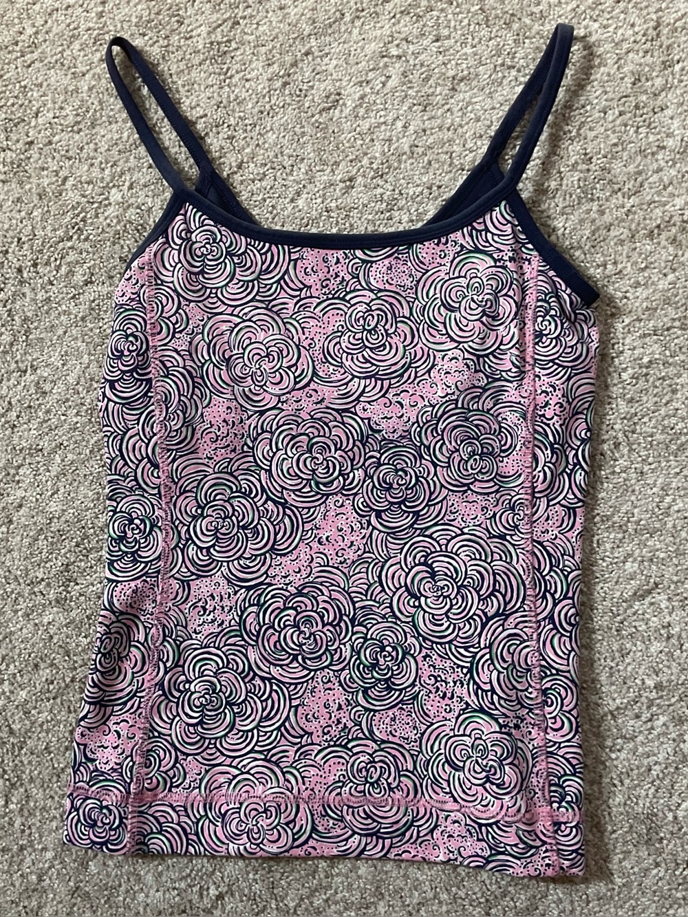Lilly Pulitzer Pink Floral Print Top with Navy Trim Built in bra
